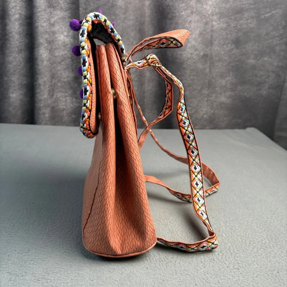 Boho Mini Backpack Terracotta Faux Leather Woven Geometric Pom Pom Trim Pink